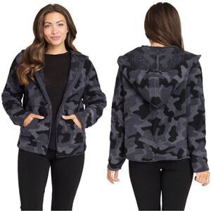 Barefoot Dreams Cozy Chic Camo Zip Hoodie Jacket Gray & Black Size SM
